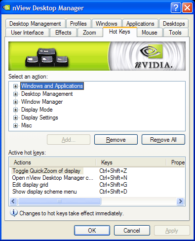 Figura 1. Panel de control nView Desktop Manager > Hot Keys (teclas de ...